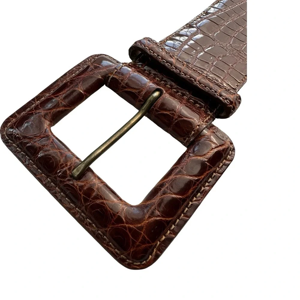 WCM New York Womens Brown Genuine Alligator Wide 2 Inch Belt Size L USA 3049 03